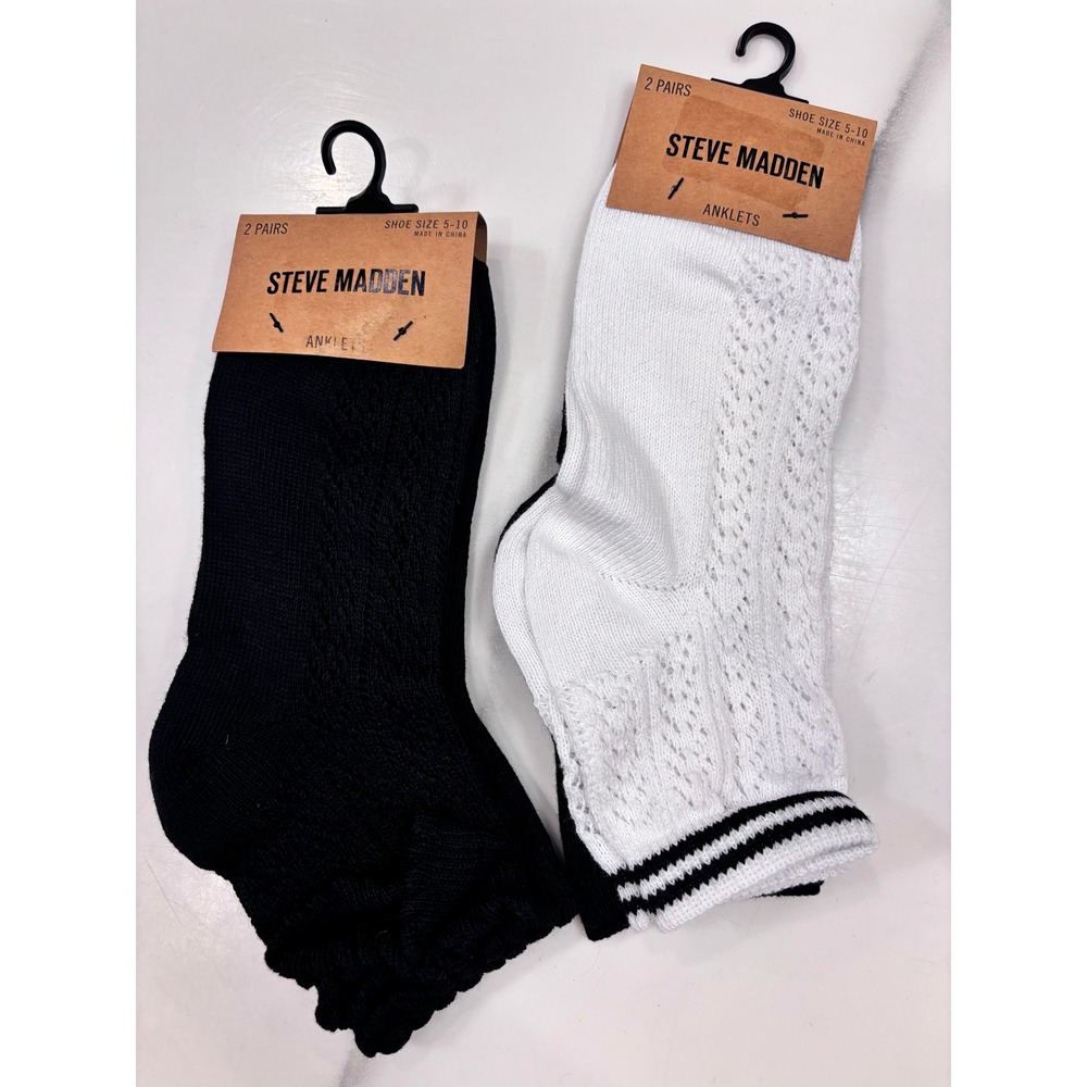 Steve Madden Womens 2 Pair Anklet Socks Black White Pointelle Ruffle Size 5-10